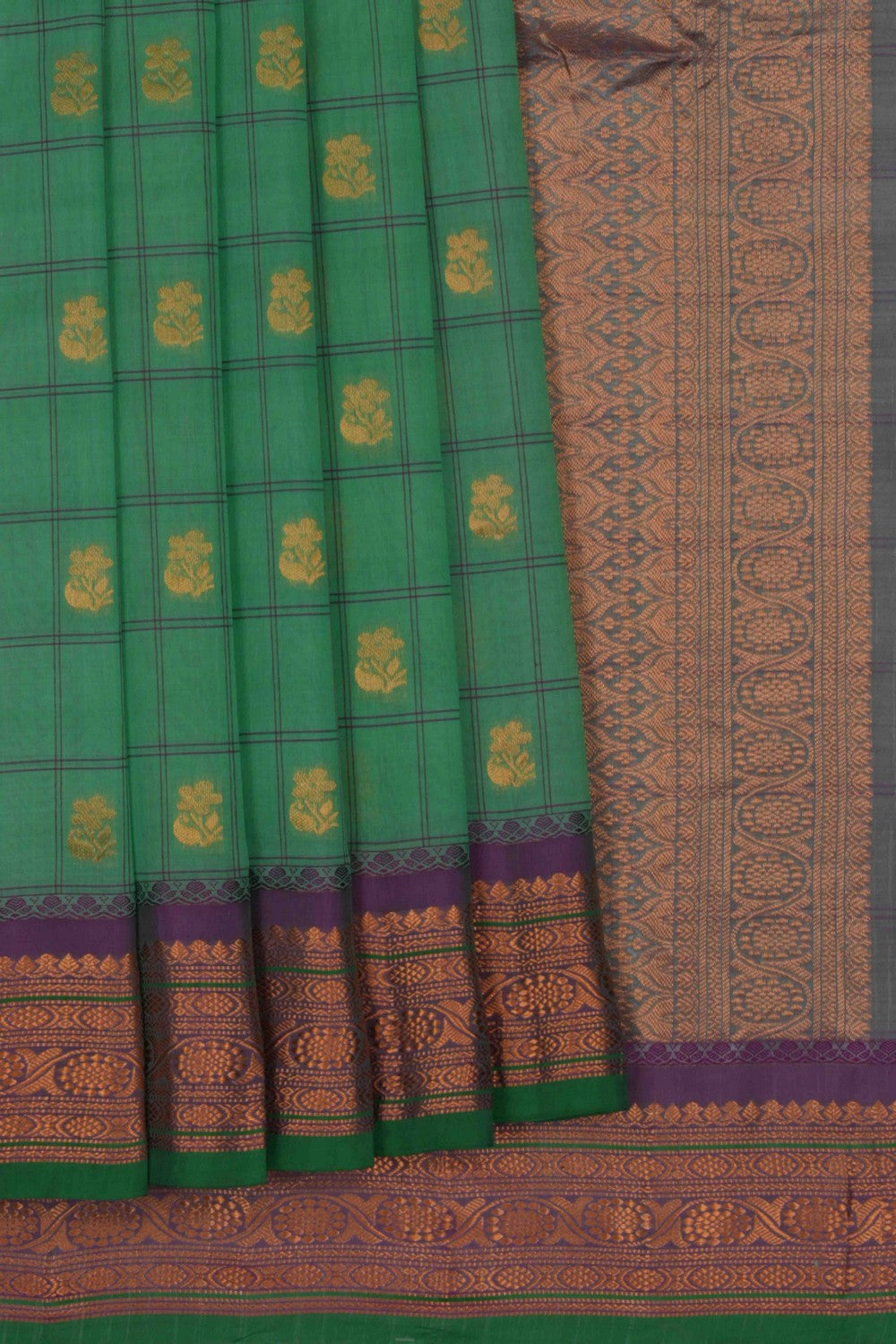 Image of Gadwal Cotton Silk Kattam Green Saree