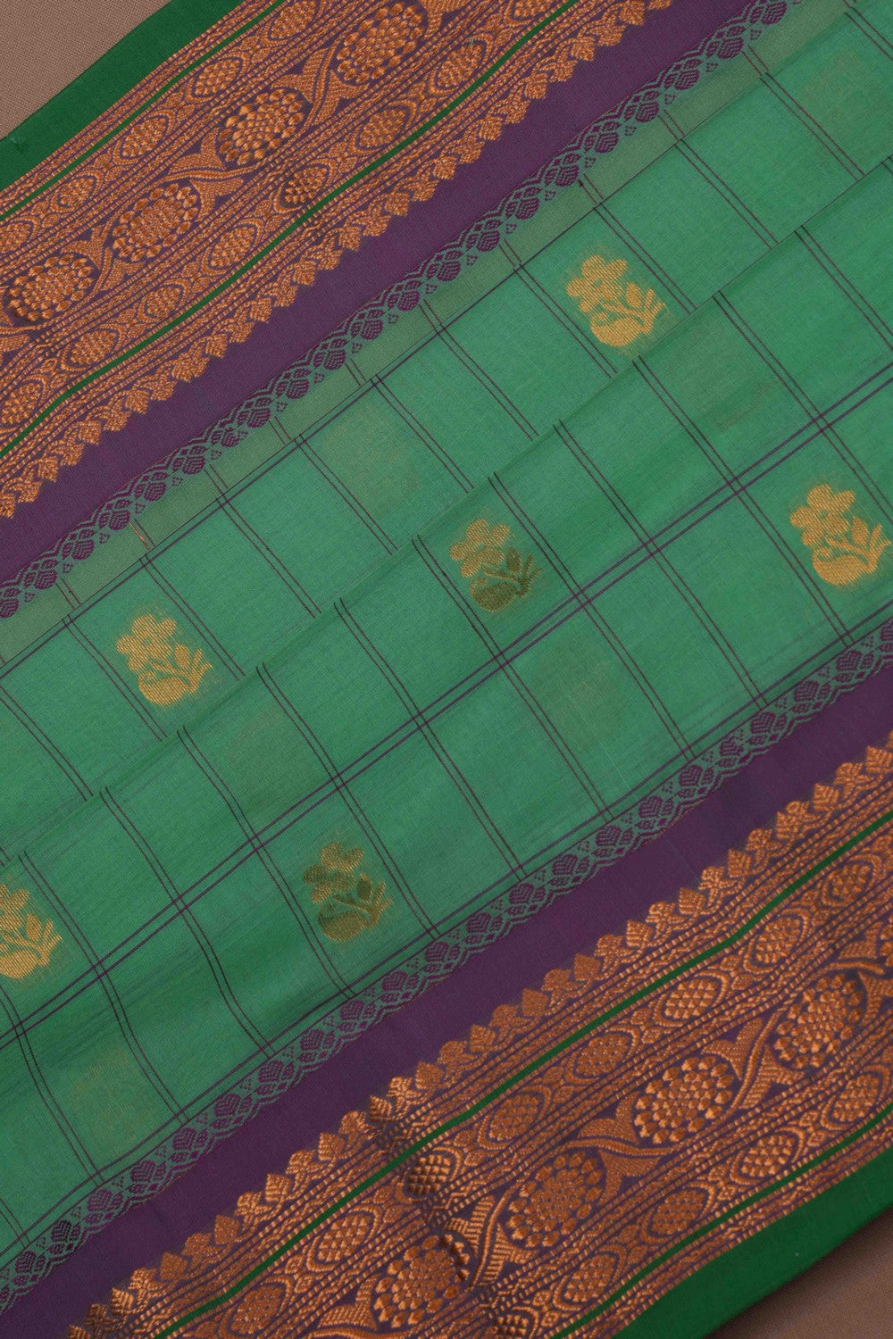 Image of Gadwal Cotton Silk Kattam Green Saree