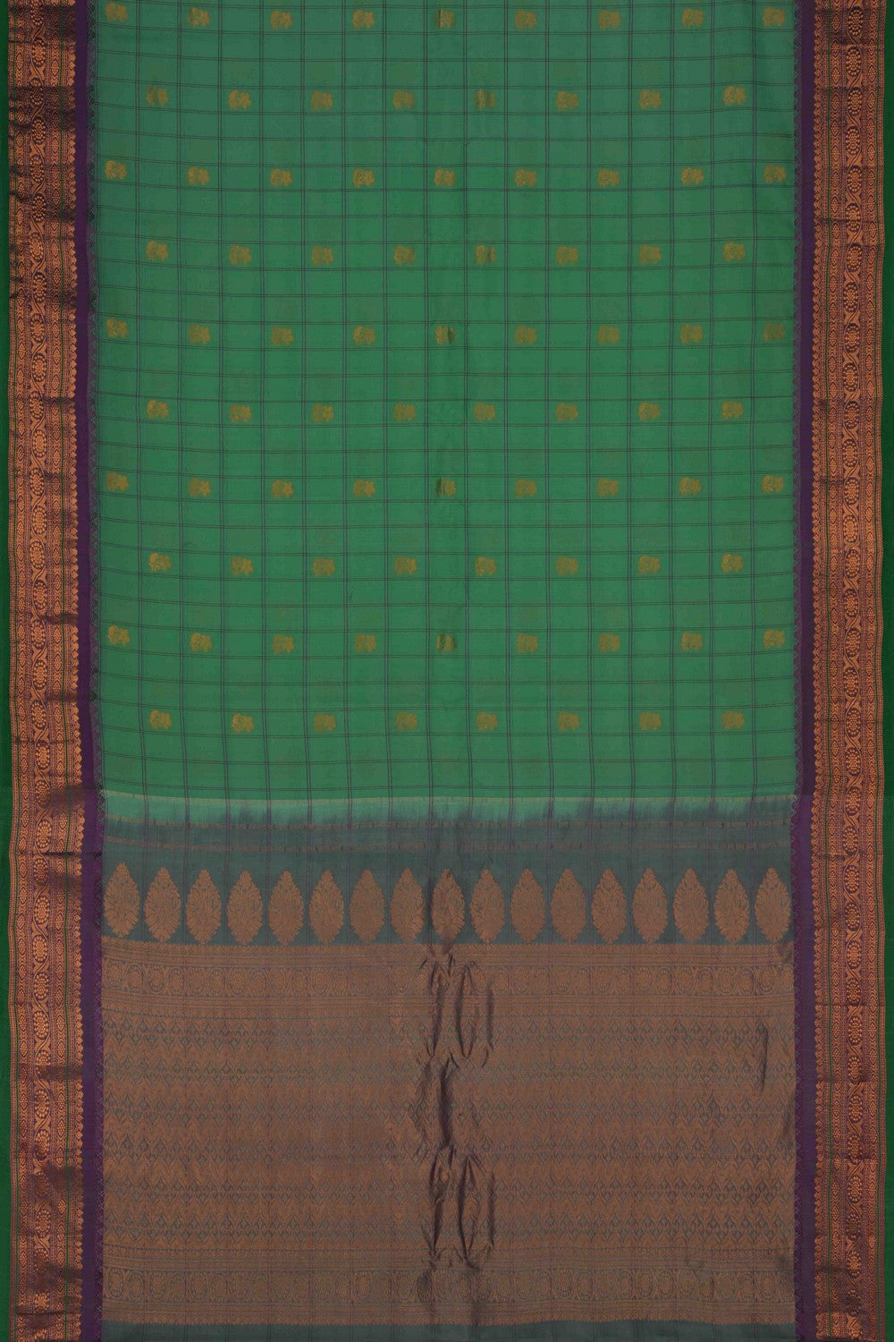 Image of Gadwal Cotton Silk Kattam Green Saree