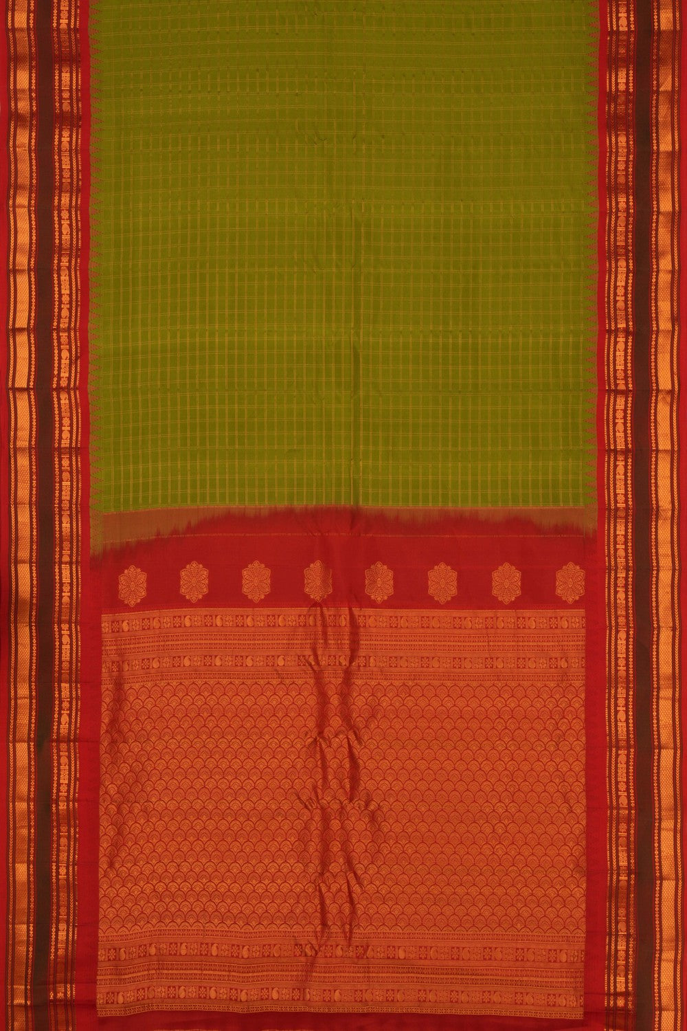 Image of Gadwal Silk Kattam Green Saree