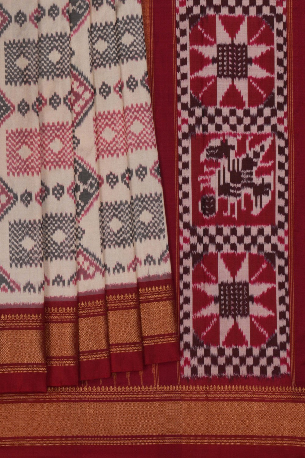 Image of Pochampally Ikat Silk Off-White Saree