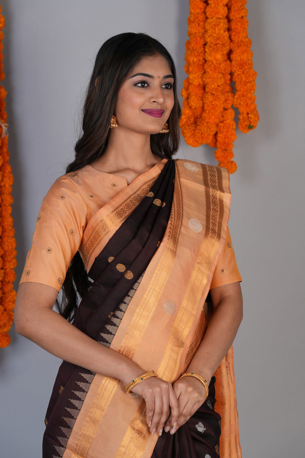 Image of Gadwal Silk Brown Saree
