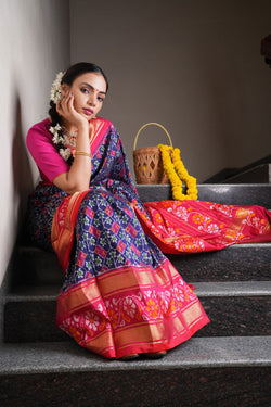 Image of Pochampally Ikat Silk Indigo Blue Saree