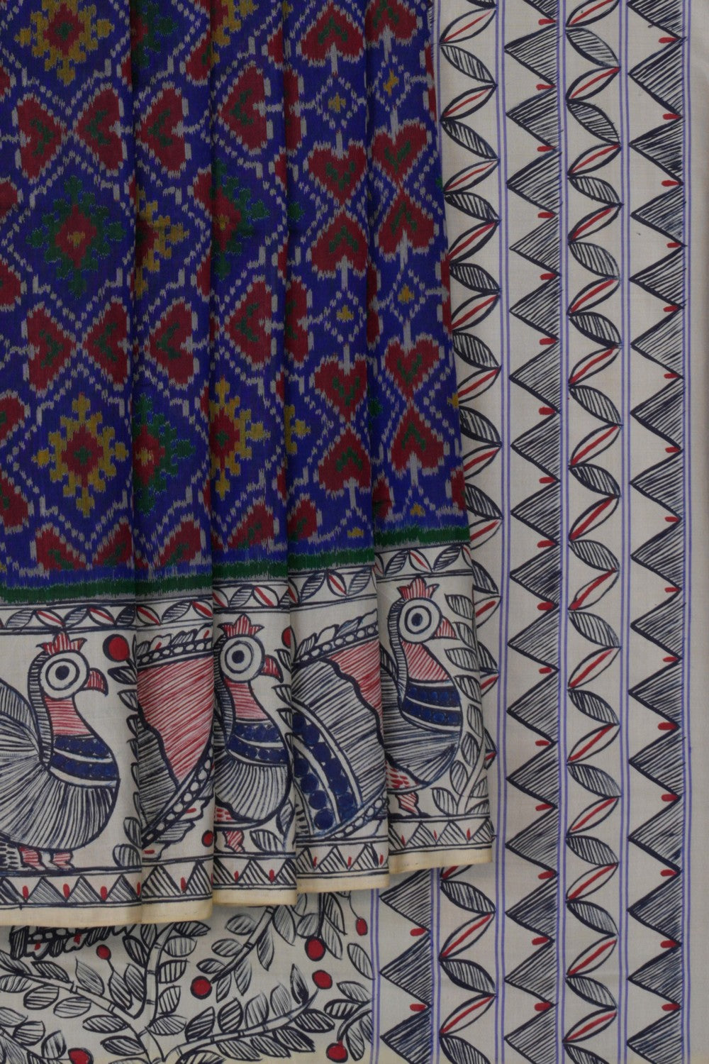 Image of Pochampally Patola Saree With Madhubani Painted Border