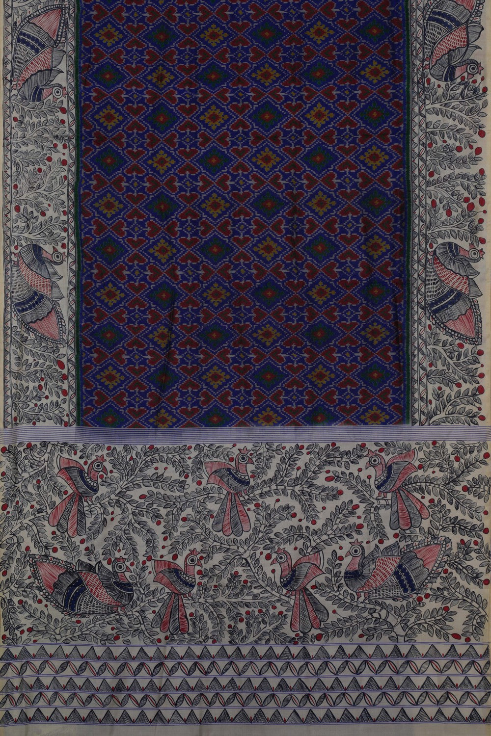 Image of Pochampally Patola Saree With Madhubani Painted Border