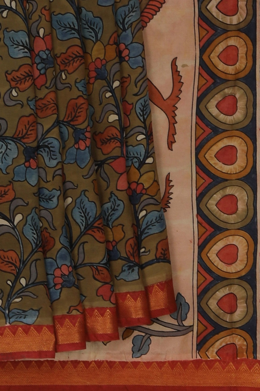 Kalamkari Moss Green Saree