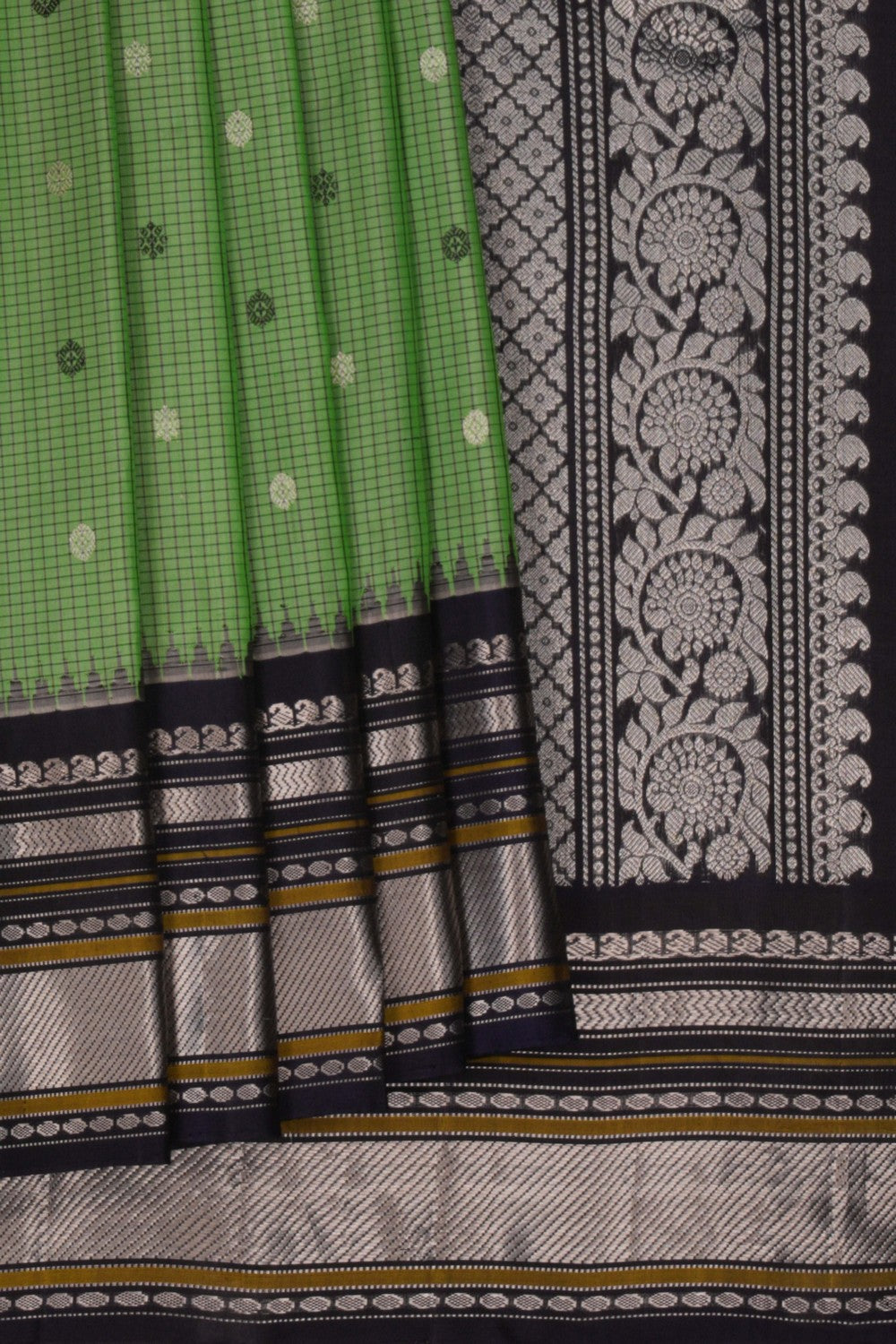 Image of Gadwal Silk Kattam Green Saree