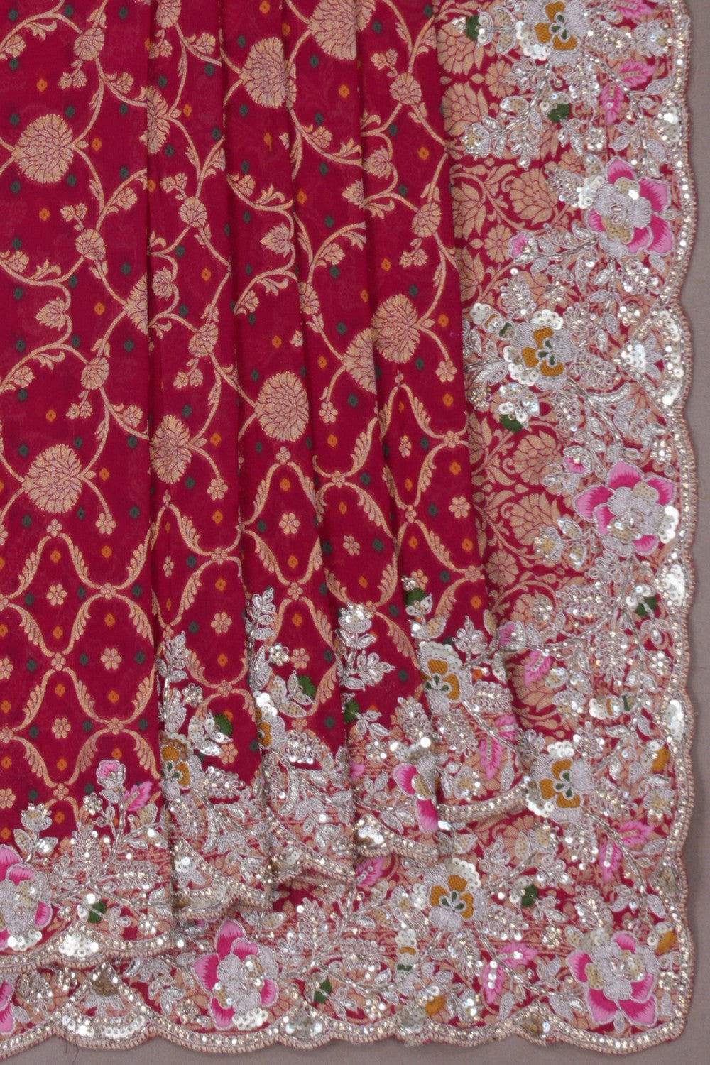 A Beautiful Pink Georgette Embroidery Saree
