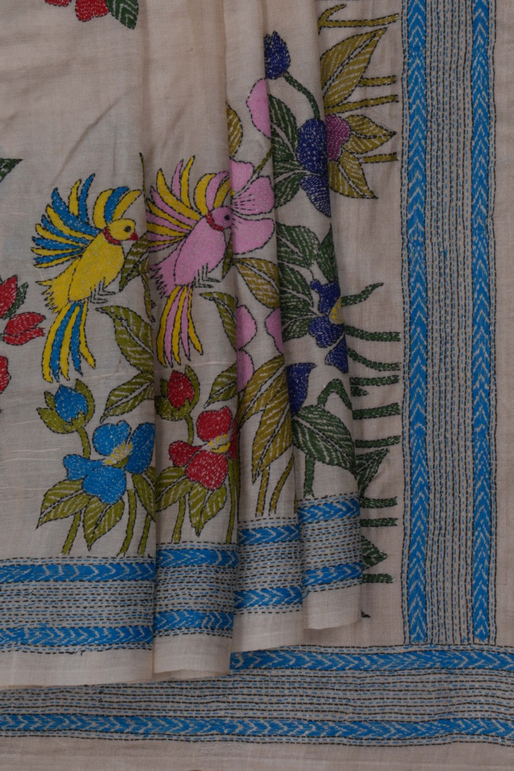 Image of Tussar Silk Kantha Embroidery Saree