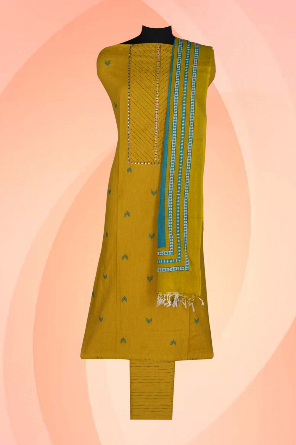 Image of Unstitched Suit Set Yellow Fabric (3 Pcs Set)