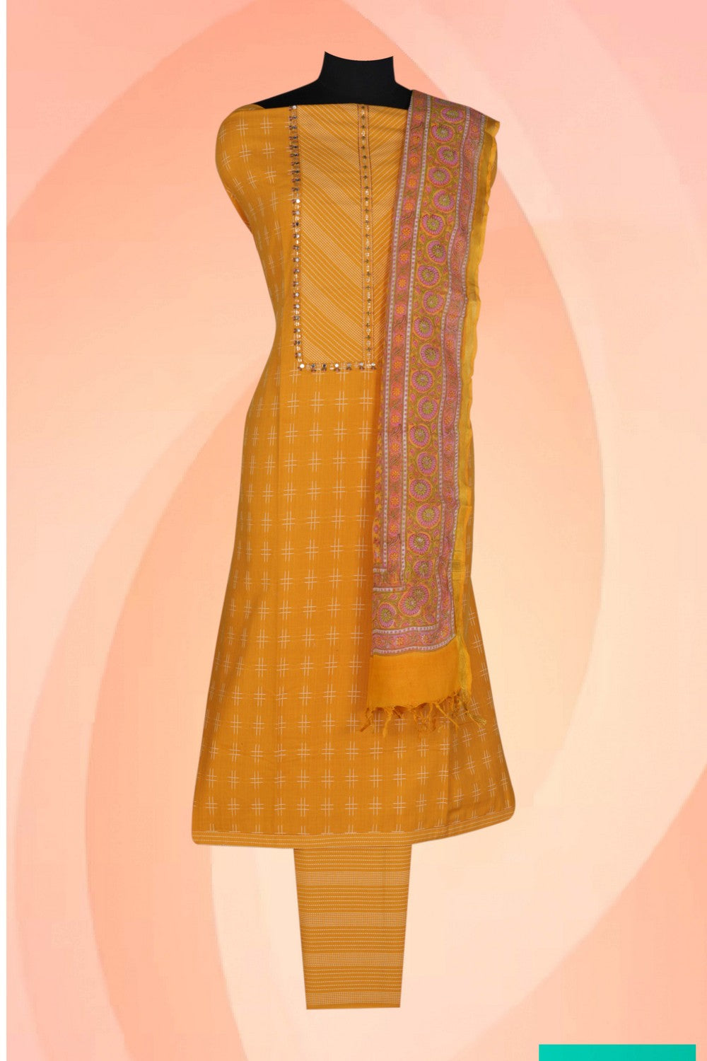Image of Unstitched Suit Set Yellow Fabric (3 Pcs Set)