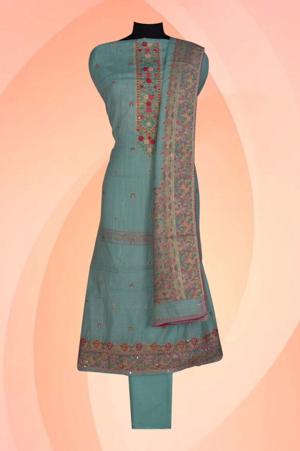 Unstitched Suit Set Sea Green Fabric (3 Pcs Set)