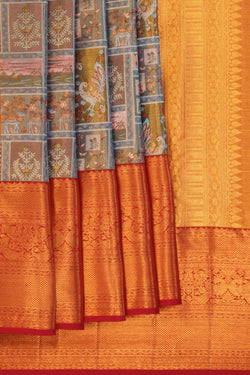 Image of A Blue Gold Tissue Brocade Kanchipattu Saree