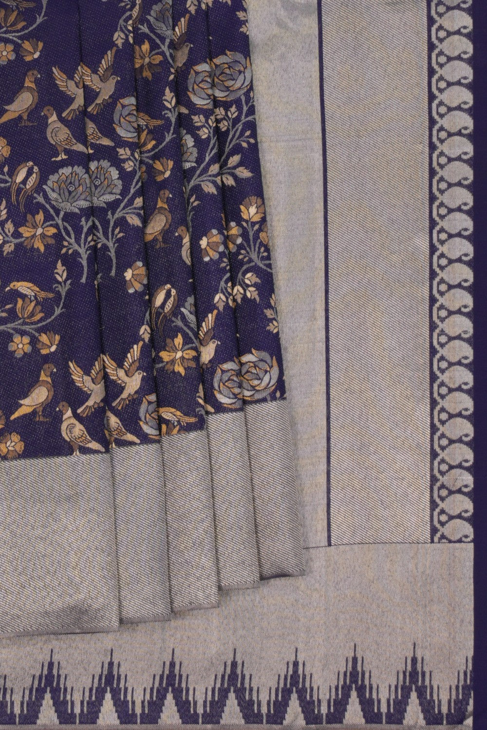 Image of Bird Perched Brocade Navy Blue Kanchipattu Saree