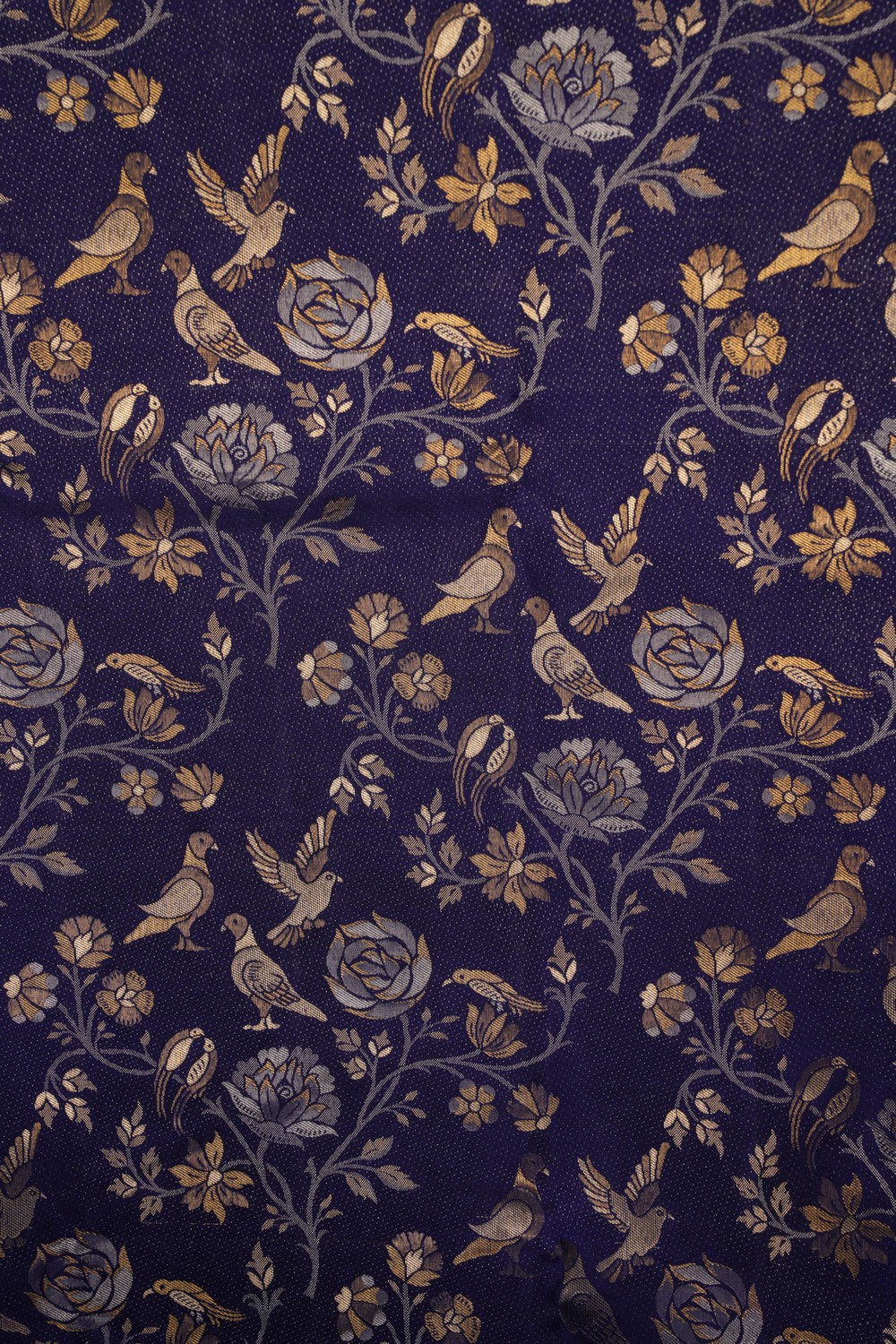 Image of Bird Perched Brocade Navy Blue Kanchipattu Saree