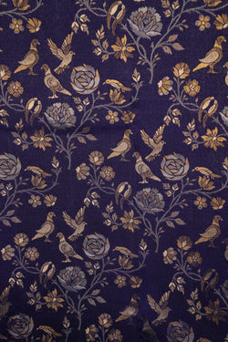 Image of Bird Perched Brocade Navy Blue Kanchipattu Saree