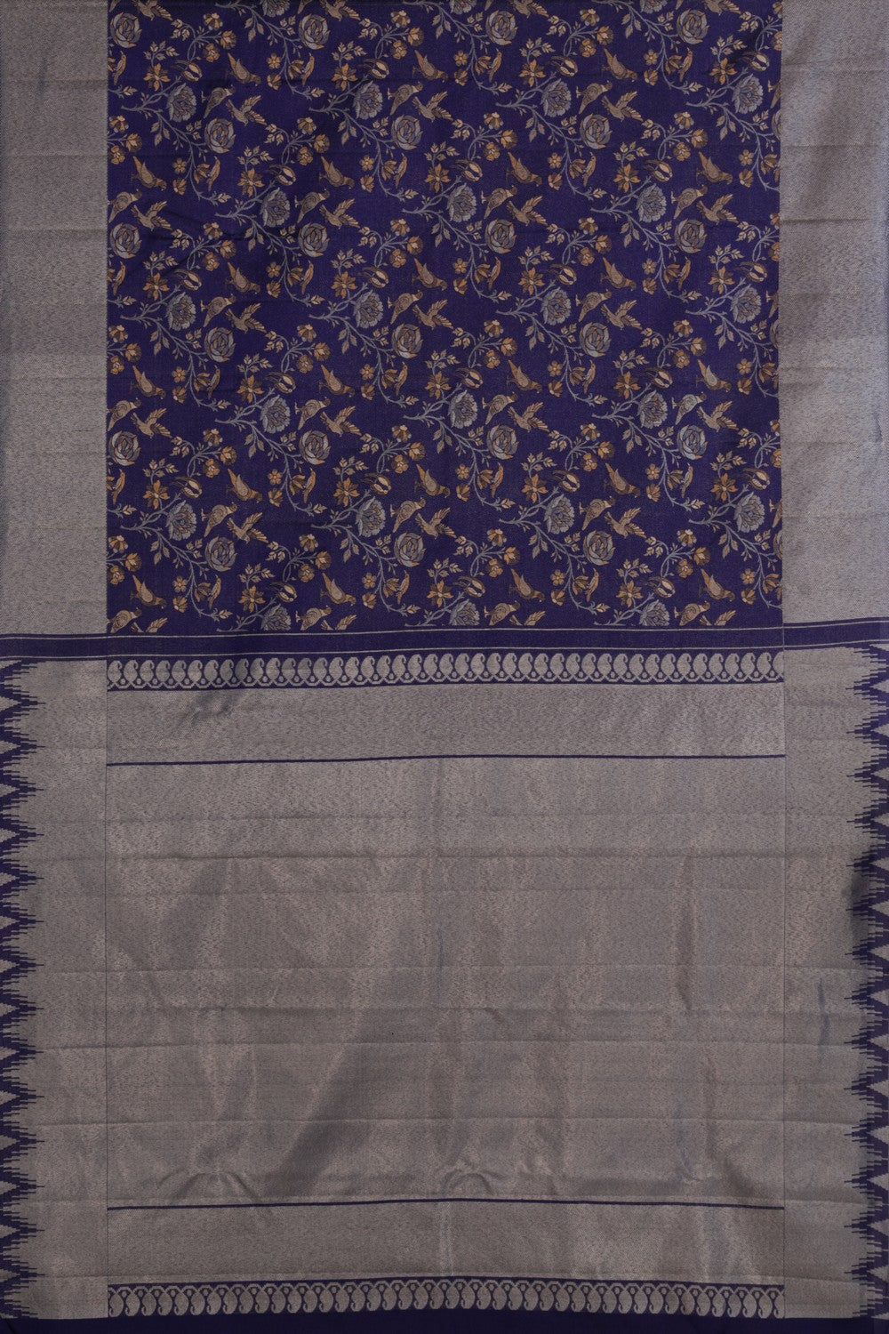 Image of Bird Perched Brocade Navy Blue Kanchipattu Saree