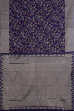 Image of Bird Perched Brocade Navy Blue Kanchipattu Saree