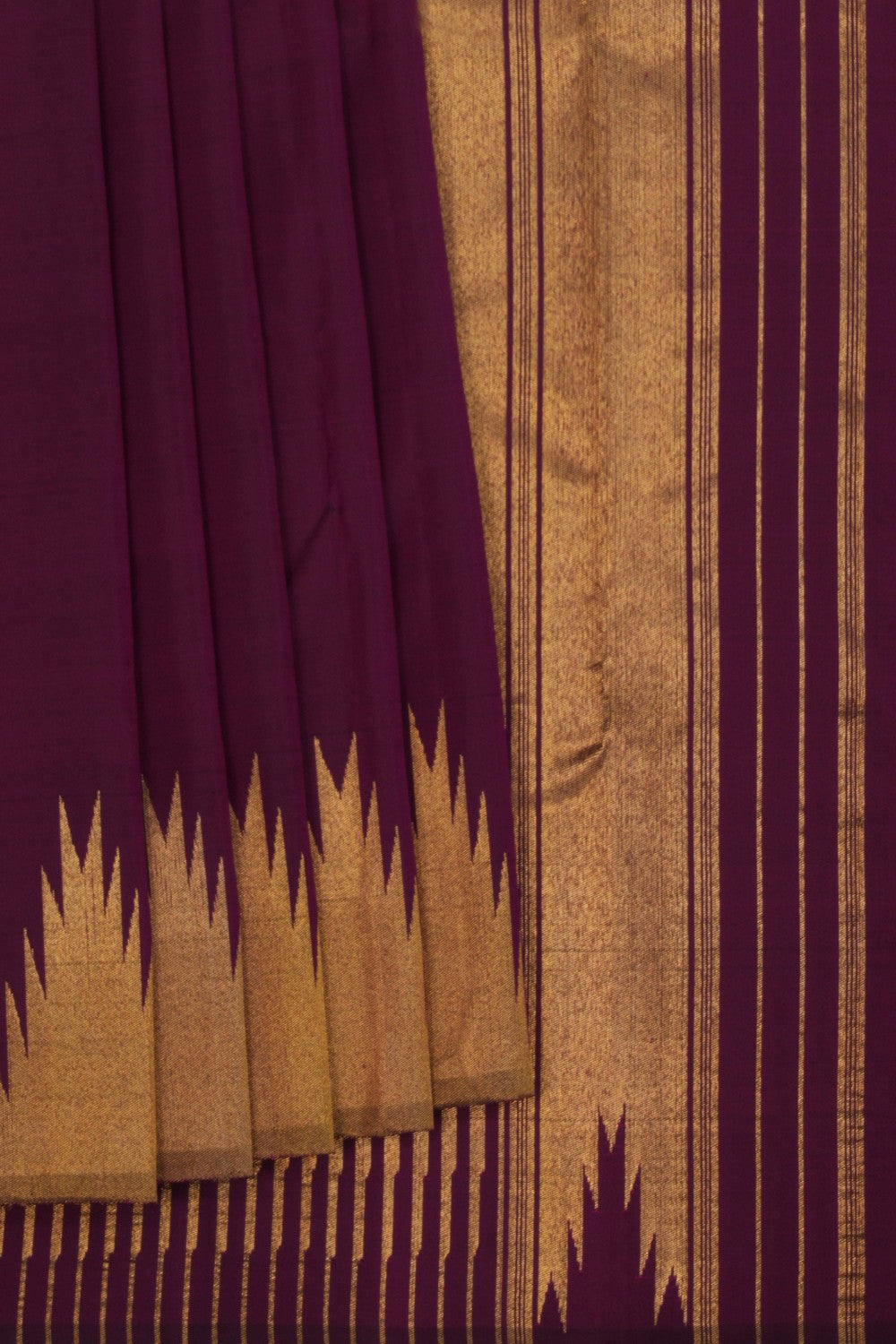 Image of Regal Purple Plain Arani Silk Saree with Gold Zari Temple Border