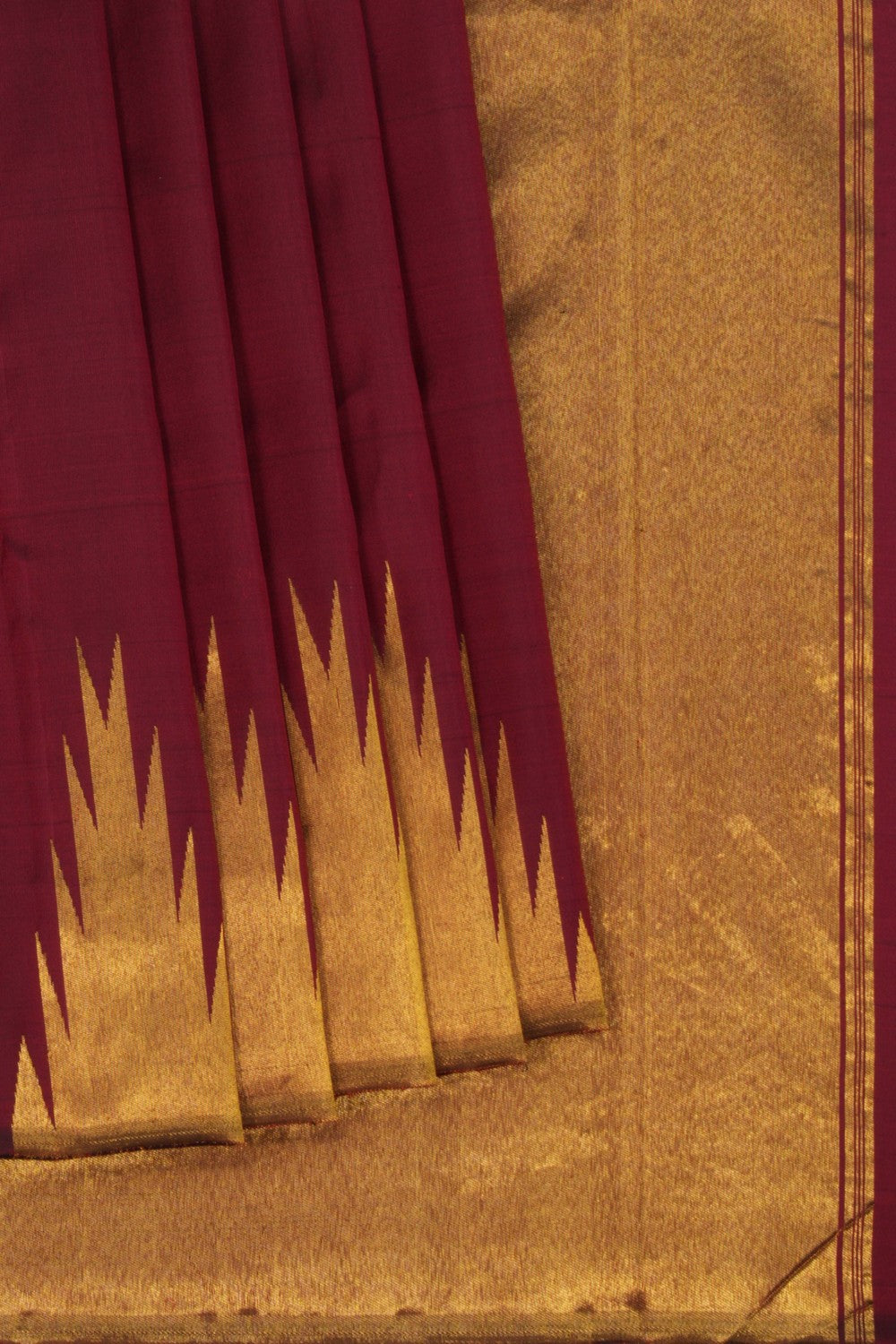 Image of Maroon Plain Arani Silk Saree with Gold Zari Temple Border