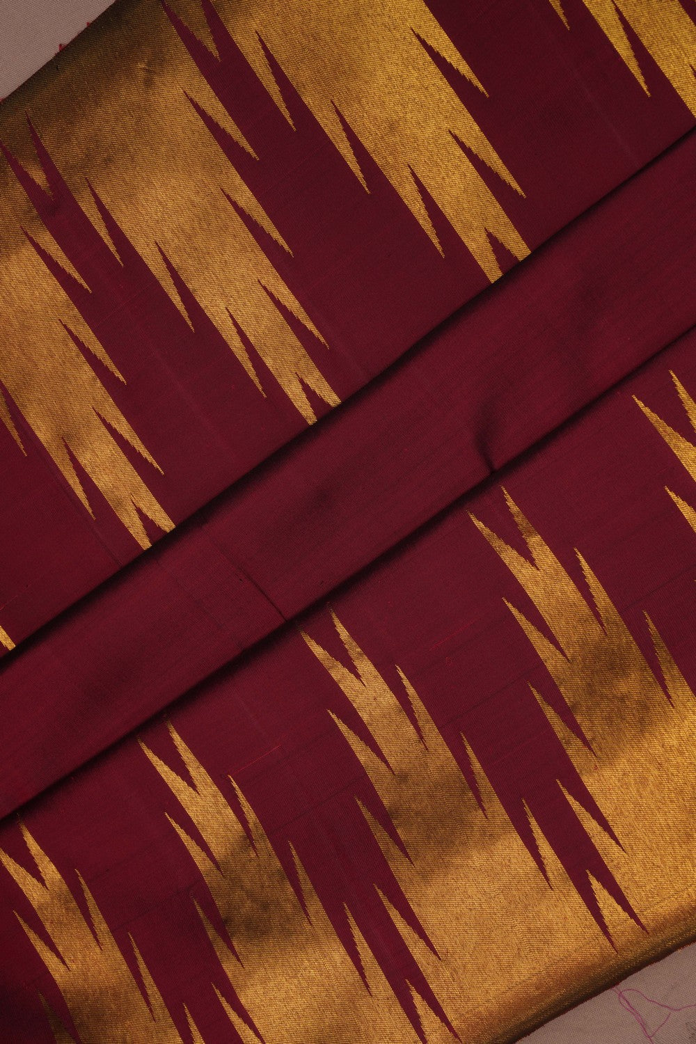 Maroon Plain Arani Silk Saree with Gold Zari Temple Border