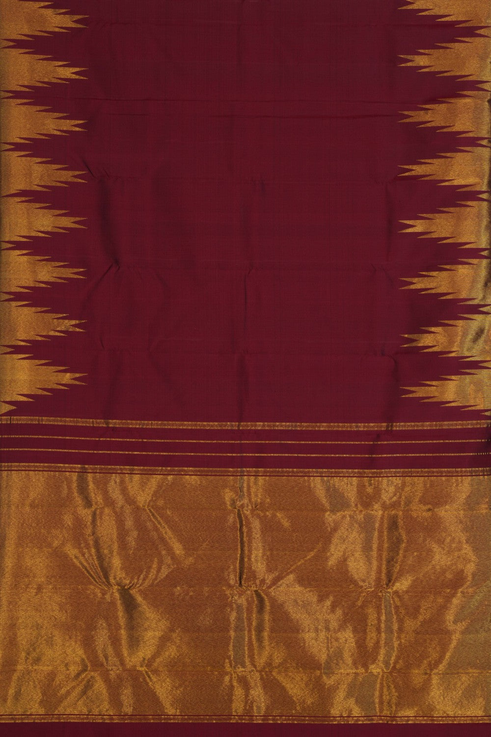 Image of Maroon Plain Arani Silk Saree with Gold Zari Temple Border