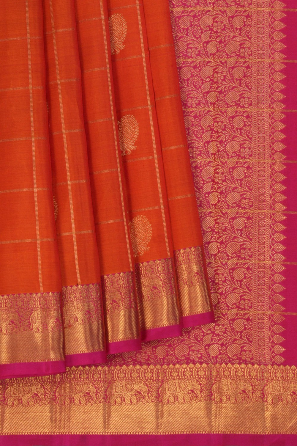 Image of Kanchipuram Silk Kattam Orange Saree