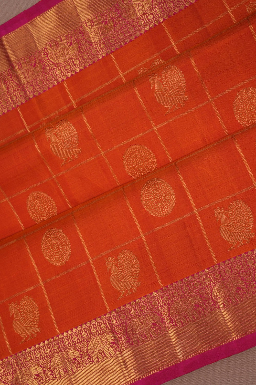 Image of Kanchipuram Silk Kattam Orange Saree