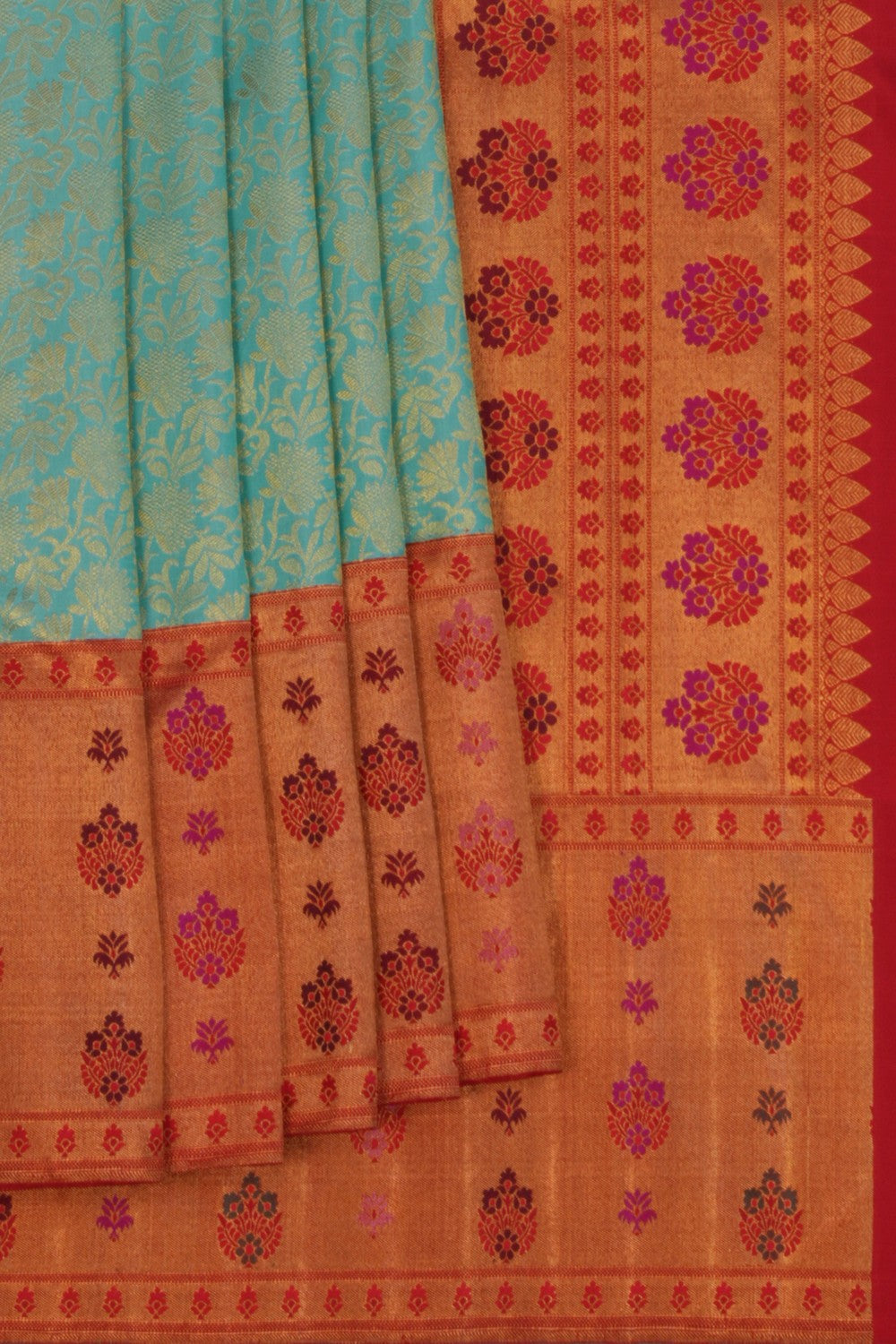 Image of Turquoise Green Floral Kanchipuram Silk Saree