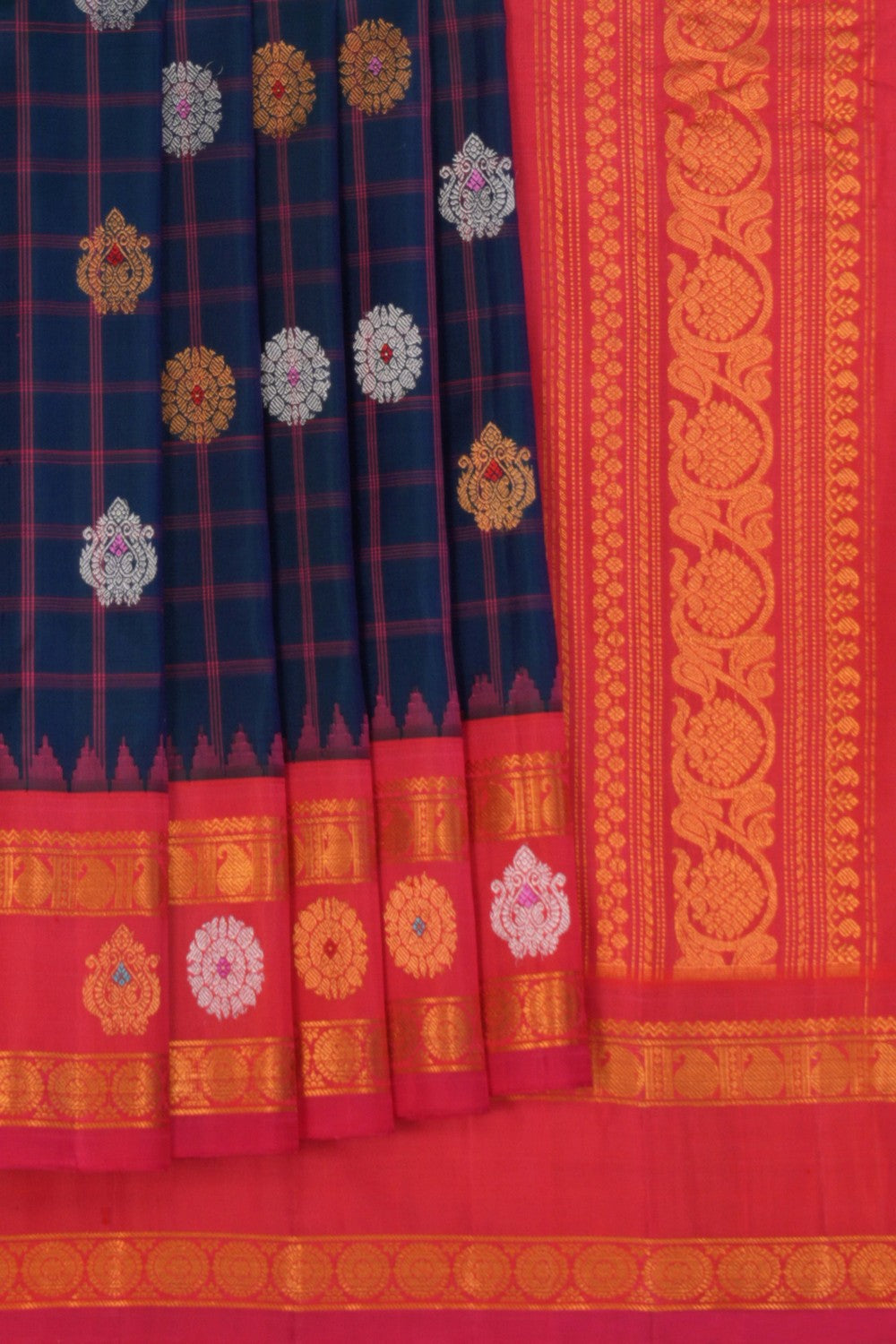Gadwal Silk Kattam Peacock Blue Saree
