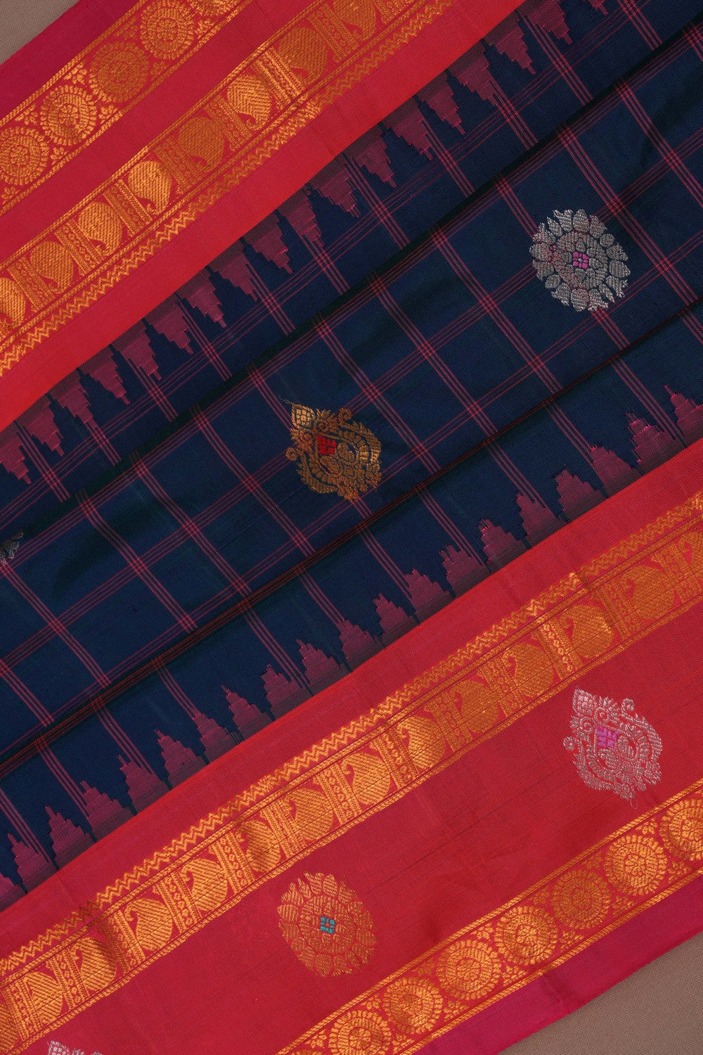 Gadwal Silk Kattam Peacock Blue Saree