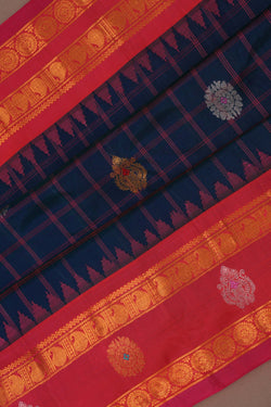 Image of Gadwal Silk Kattam Peacock Blue Saree
