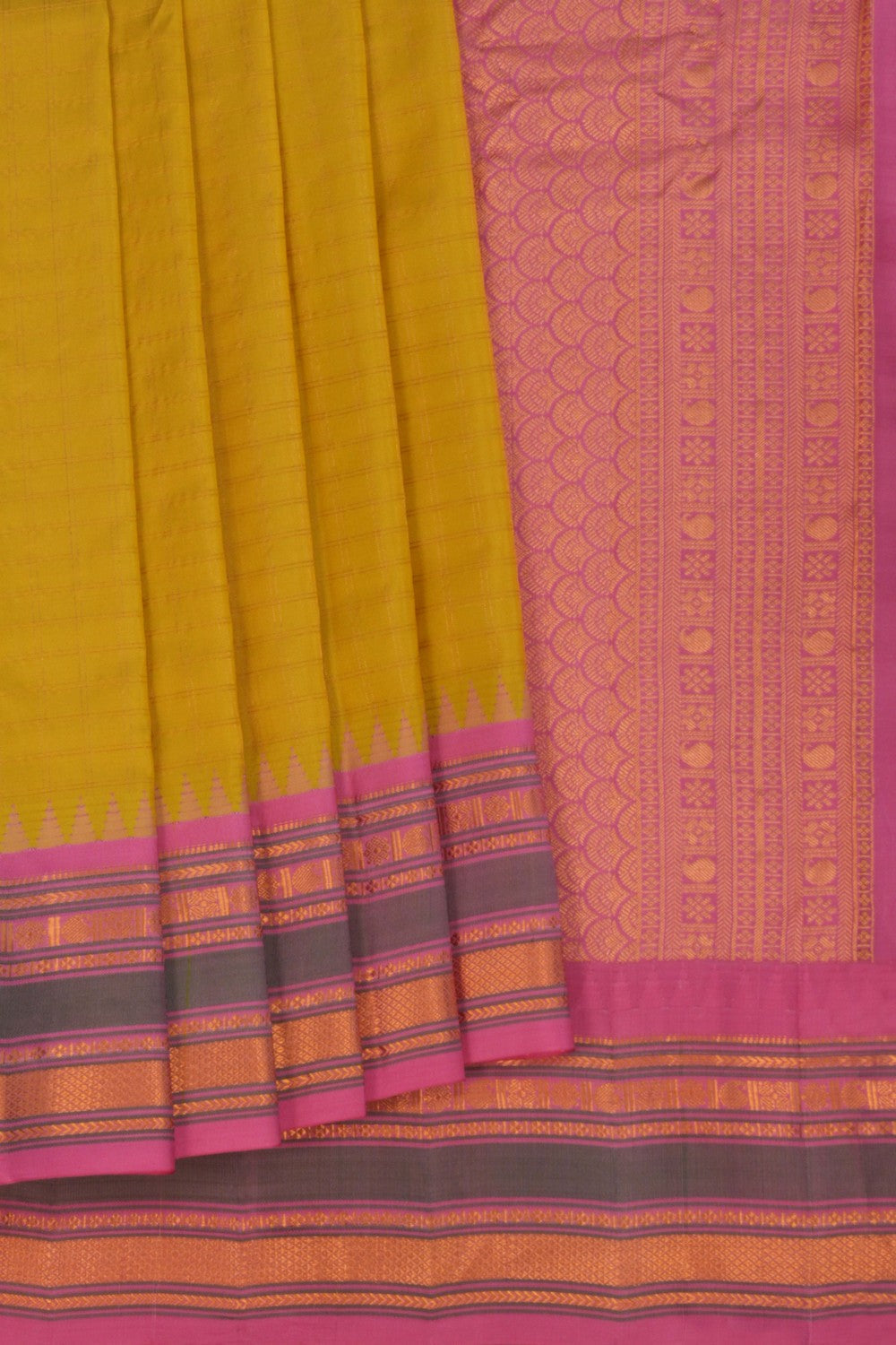 Gadwal Silk Kattam Spring Yellow Saree