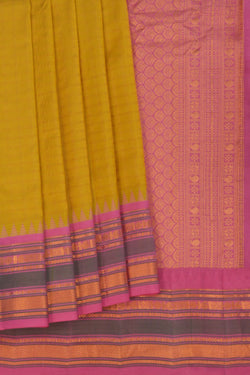 Image of Gadwal Silk Kattam Spring Yellow Saree