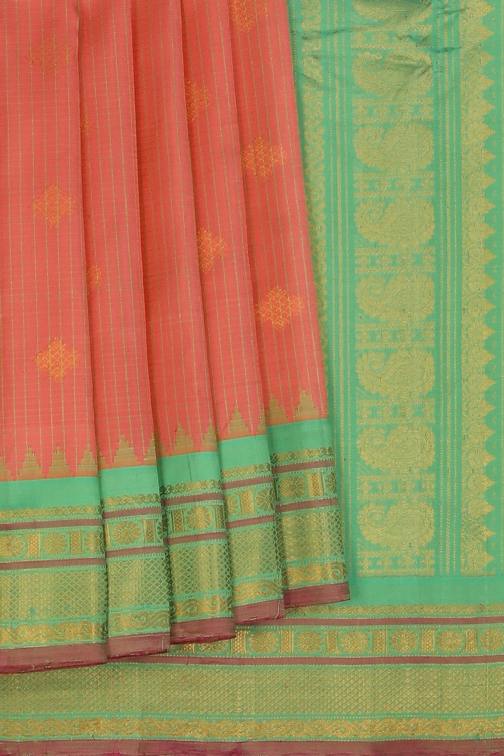 Image of Gadwal Silk Kattam Coral Pink Saree