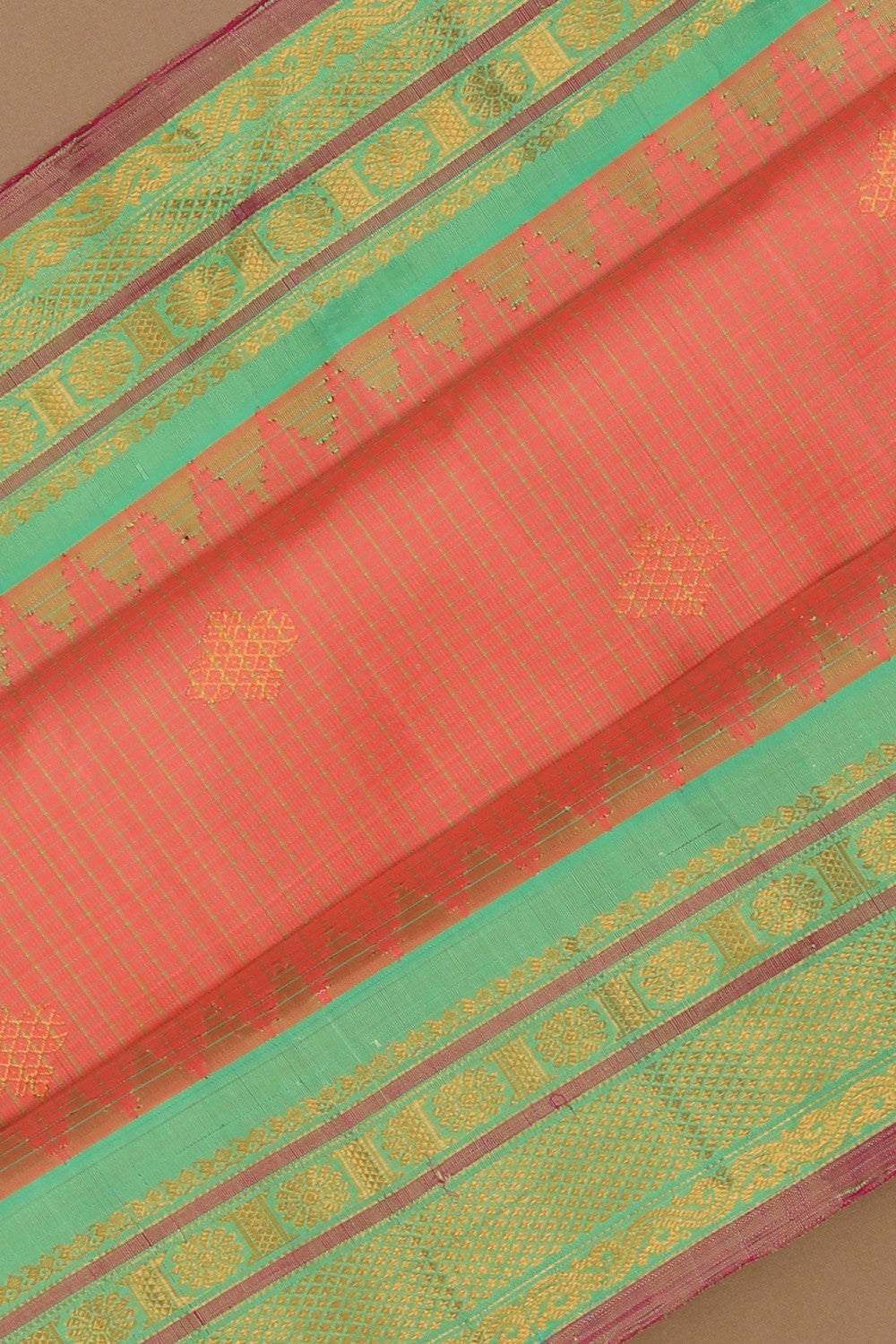 Image of Gadwal Silk Kattam Coral Pink Saree