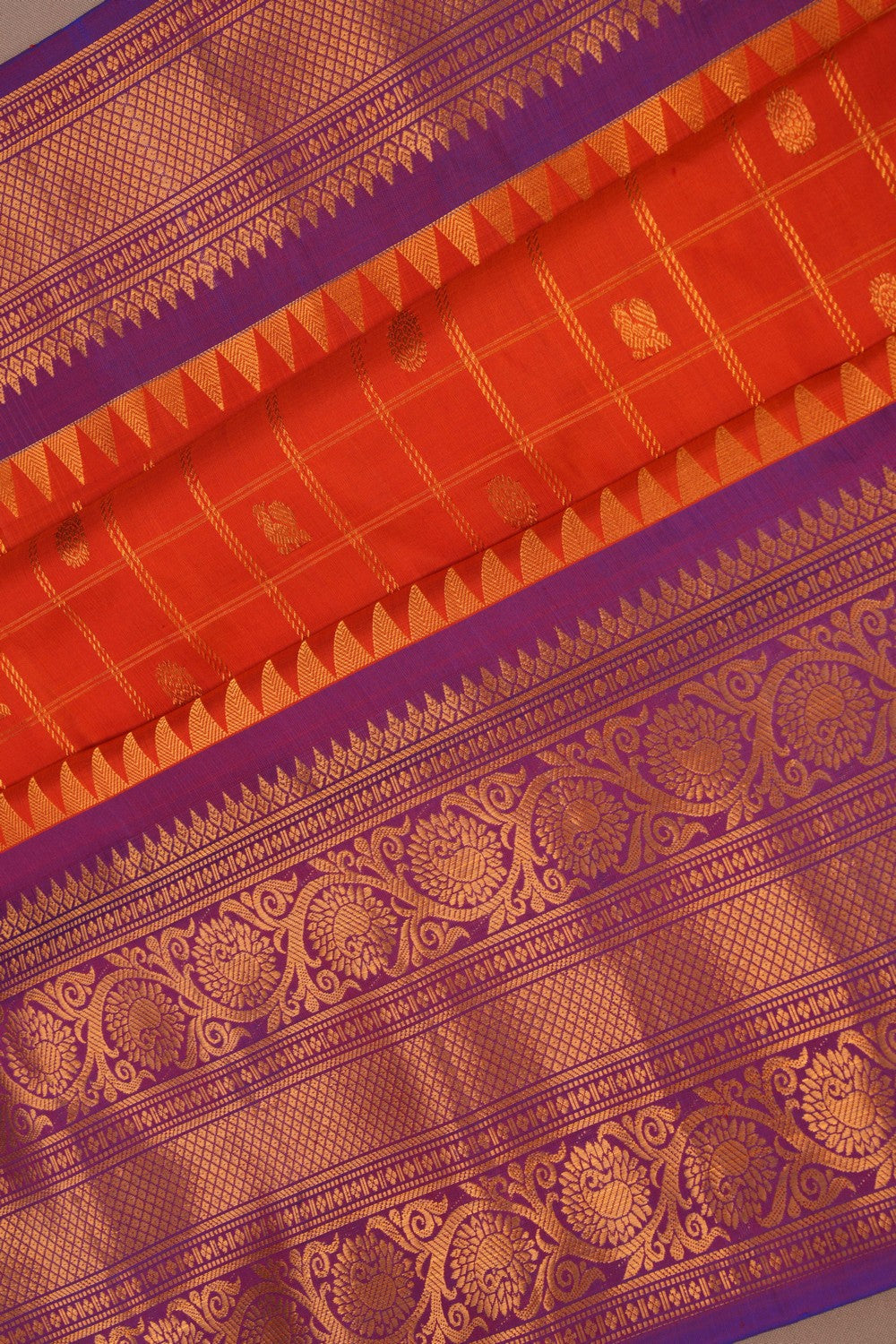 Gadwal Silk Kattam Orange Saree