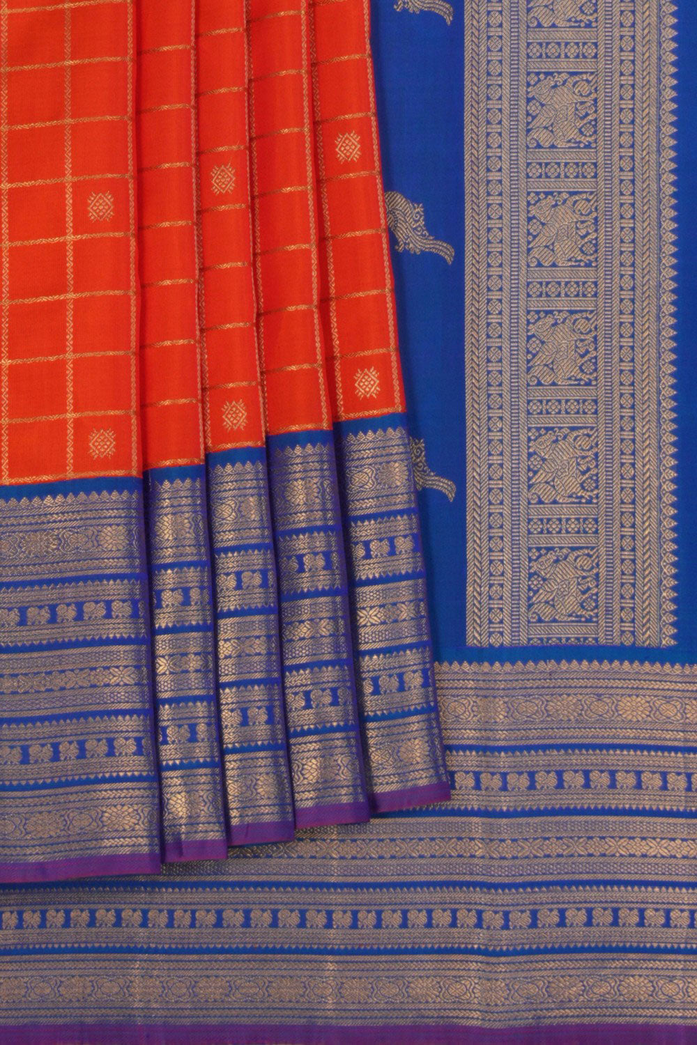 Image of Kanchipuram Silk Kattam Orange Saree