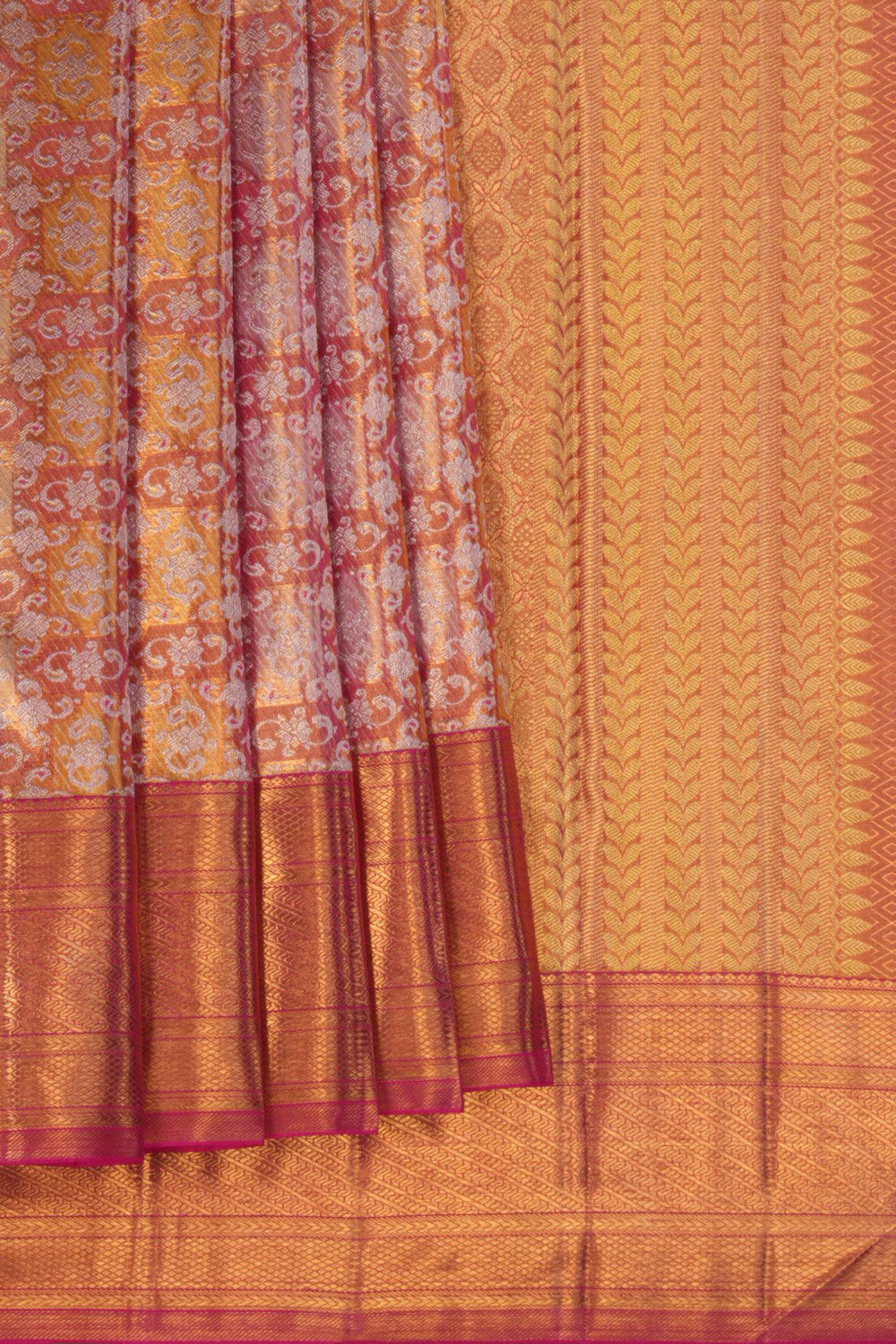 Kanchipuram Tissue Brocade Coral Pink Saree