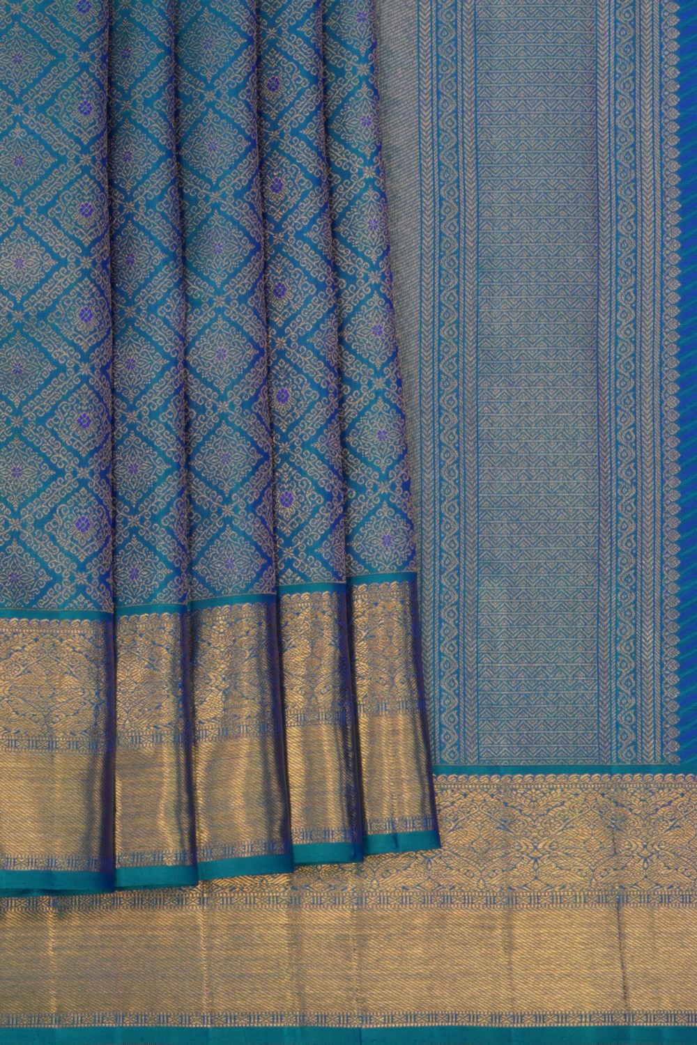 Image of Kanchipuram Silk Brocade Teal Blue Saree