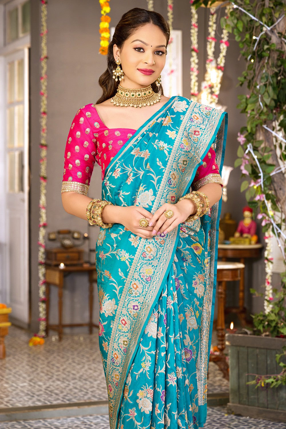 Image of Banarasi Silk Blue Saree