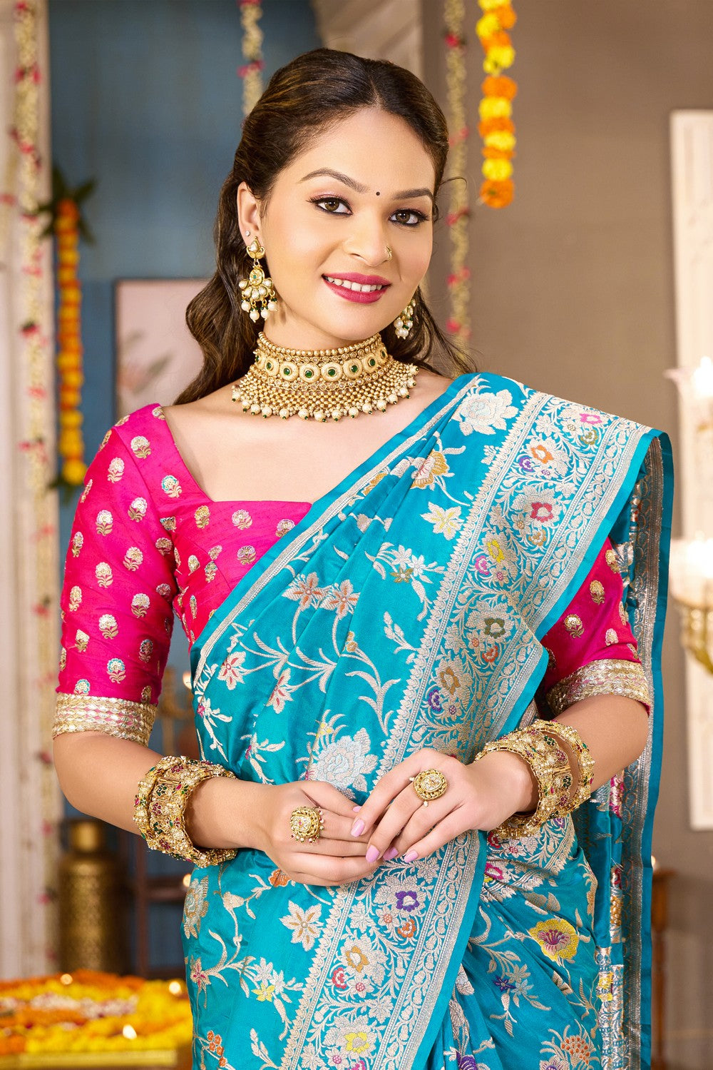 Image of Banarasi Silk Blue Saree