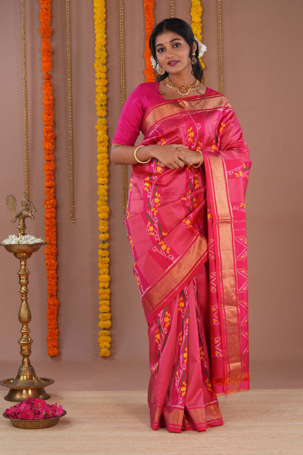Image of Pochampally Ikat Silk Pink Saree