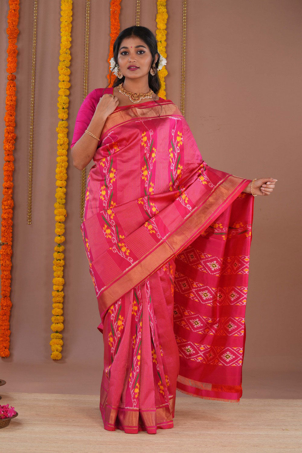 Image of Pochampally Ikat Silk Pink Saree