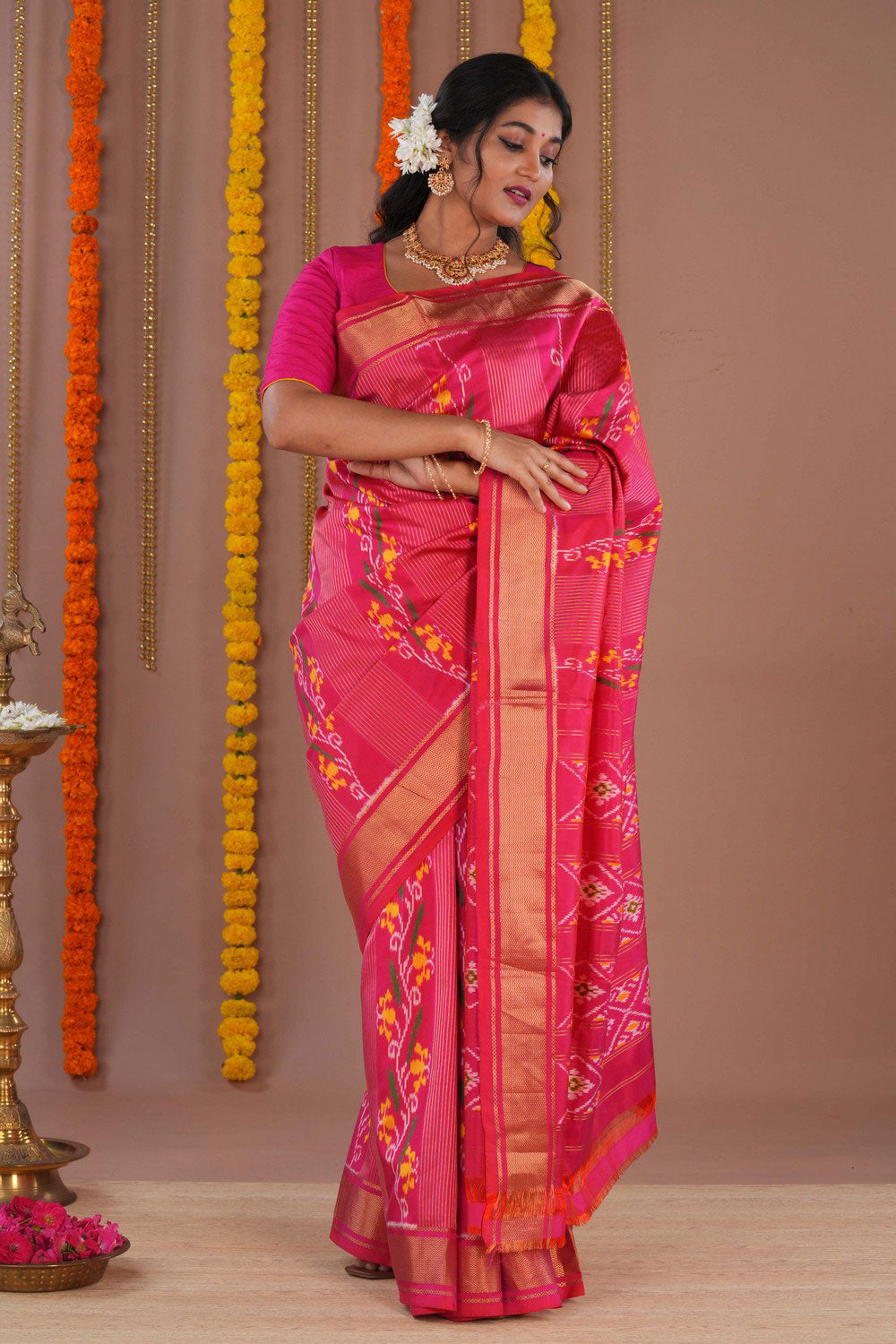 Image of Pochampally Ikat Silk Pink Saree