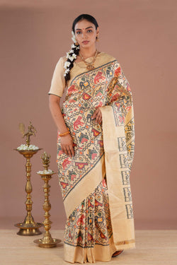 Image of Pochampally Ikat Silk Cream Saree