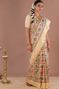 Image of Pochampally Ikat Silk Cream Saree