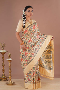Image of Pochampally Ikat Silk Cream Saree