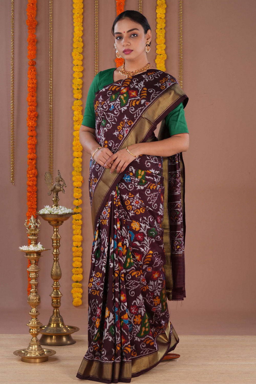 Image of Pochampally Ikat Silk Brown Saree
