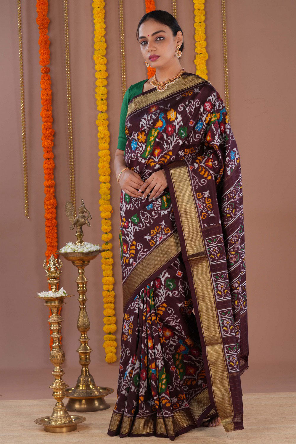 Pochampally Ikat Silk Brown Saree